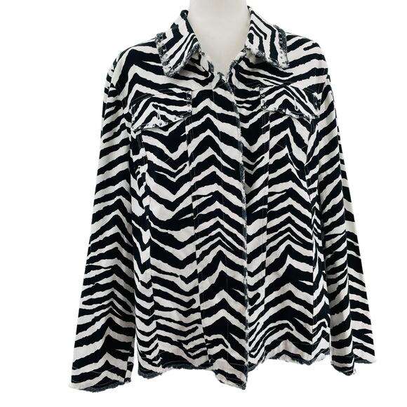 Laura Ashley Black & White Zebra Print Sequin Trim Raw Edge Jacket Women Sz 2X - Picture 2 of 11